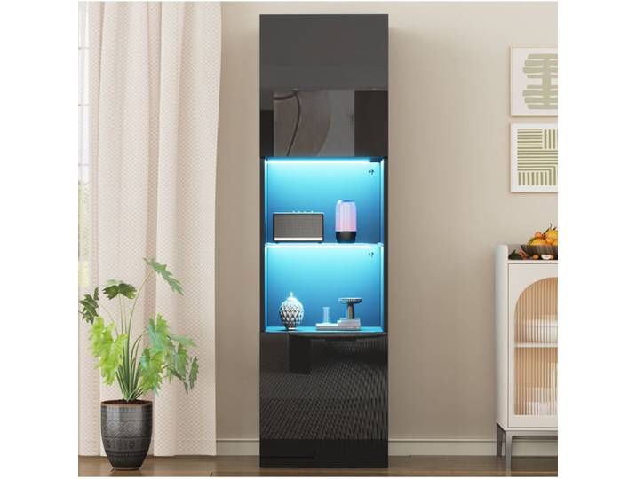 MEUVYX Vitrine haute avec 2 portes 2 compartiments et éclairage LED finition noire brillante 45 × 35 × 160 cm