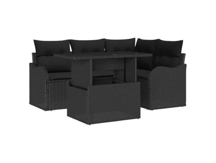 PUGYNBK Esszimmer Set Outdoor 5 Stk. Polyrattanschwarz Tisch aus gehärtetem Glas, verstellbare Beine, robuster Rahmen, modernes Design