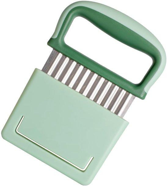 Unyqoos RVS golvende snijder voor fruit en groenten met ergonomische antisliphandgreep en beschermkap, 9 x 7 cm