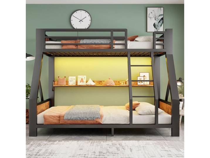 Lit superposé métal 90×200 /140×200 cm lit simple haut / lit double bas lit enfant éclairage LED structure en fer et bois noir