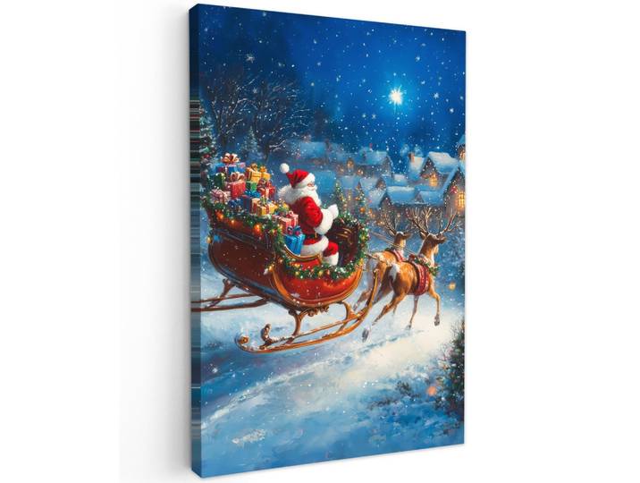 LEINWANDBILD Weihnachtsmann - Rentier - Weihnachten - Schnee Wanddeko 40x60 cm