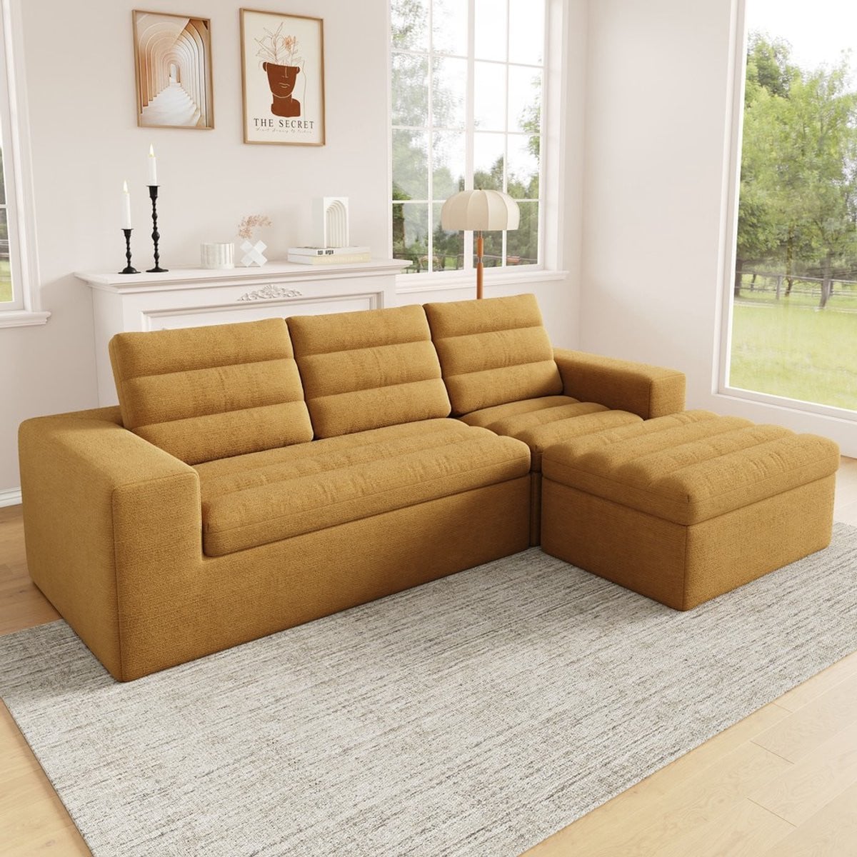 KOMHTOM Hoekbank - L-vormige Modulaire Chenille Bank met bijpassende ottoman - Oranje