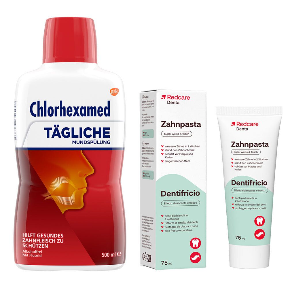 Chlorhexamed Tägliche Mundspülung mit Chlorhexidin (0,06%) + Redcare Zahnpasta 500+75 ml Spüllösung