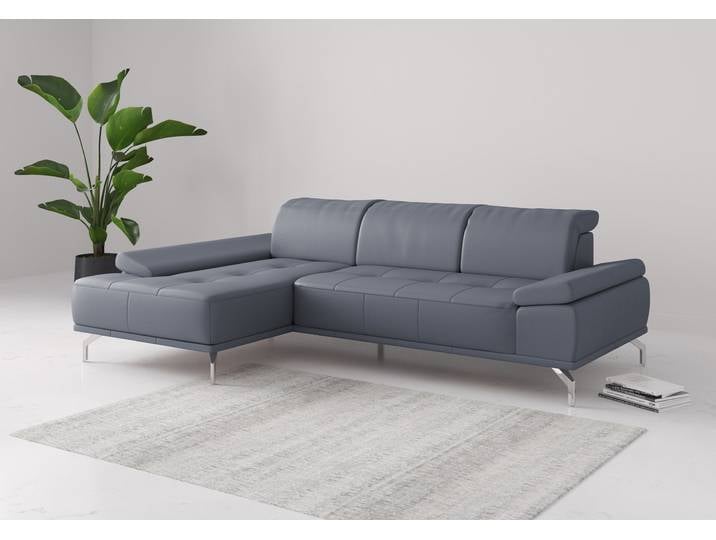 Ecksofa, Graublau, 280x174 cm, Naturleder, Sitztiefenverstellung & Kopfteilverstellung, Modern