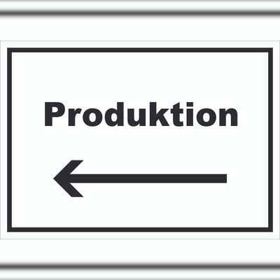 HB-Druck Produktion Schild mit Text und Richtungspfeil links Herstellung waagerecht A0 Rückseite selbstklebend