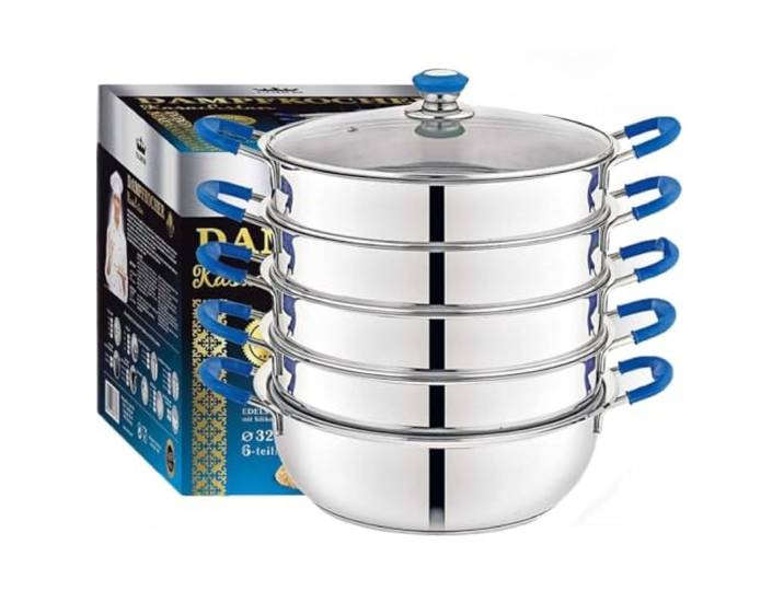 Dampfkocher Kasachstan Edelstahl 6-teilig – Mantykocher - Asia Serie – Hochwertiger Dampfgarer für alle Herdarten (Induktion, Gas, Elektro) – Spülmaschinengeeignet (32 cm)