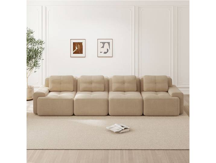 Canapé modulable compressé 4 places en corduroy beige sans montage assise profonde