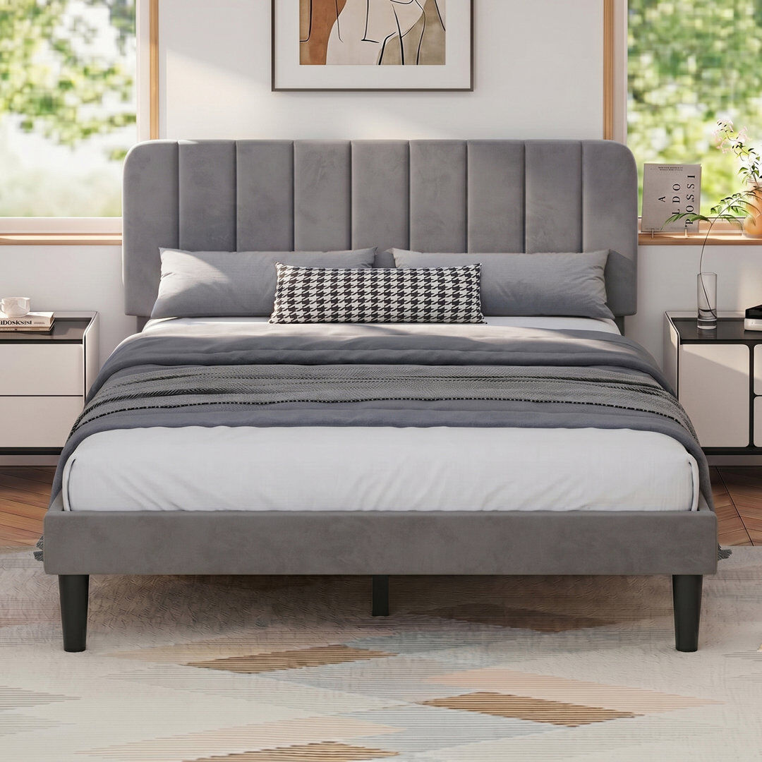 George Oliver Shasta Upholstered Beds, Modern Platform Bed Frame with Adjustable Headboard, Wooden Slats Support, No Box Spring Needed Grey Double (4'6)