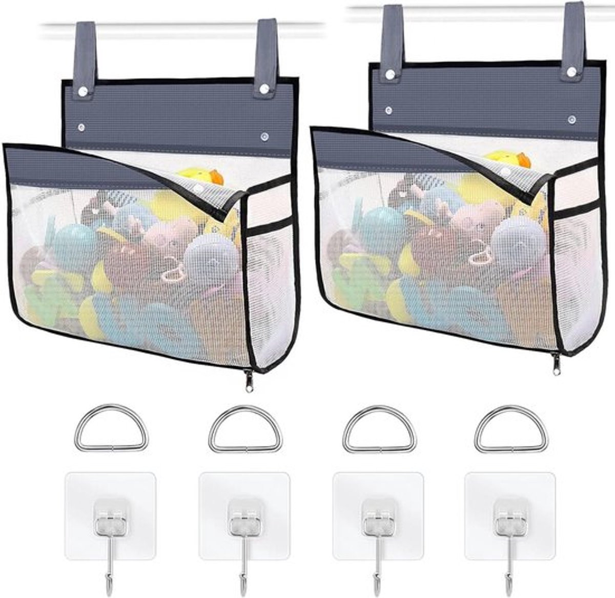 Set van 2 grijze badkamer opbergmanden van mesh met kleefhaken