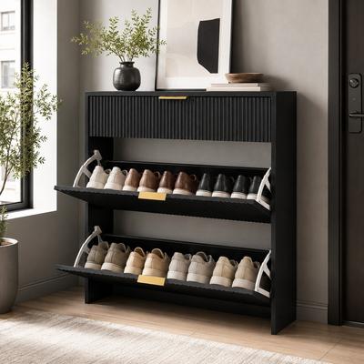 Fundinbaths Slim Fluted Shoe Storage Cabinet with Flip Drawers, Pull-Out Drawer and Gold Handles for Entryway