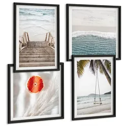 BILDER SET 4er Set - 50x50 cm & 40x60 cm Schwarzer Rahmen - Strandatmosphäre dank hölzerner Treppen.