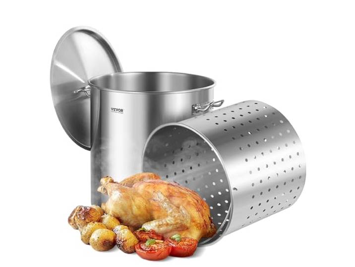 VEVOR Suppentopf Edelstahl, 79,5 L Kochtöpfe Großraumtopf, Kochgeschirr-Saucentopf mit Korb & Deckel & Griff, Suppentopf in Handelsqualität, Schleifbehandlung, zum Dämpfen Kochen oder Braten