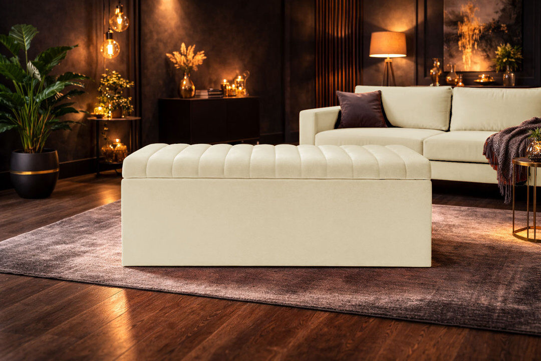 AZ Interiors Royal Furniture Royal Velvet Storage Ottoman Box with Hinged Lid   Lined Upholstered End of Bed Storage Bench   Soft Close Storage Seat   Made in UK Cream 120W x 40D x 40H CM