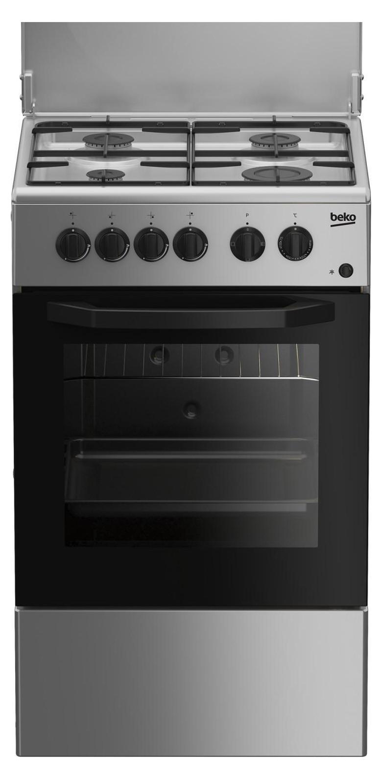 Beko CSS42014FS, Freistehender Herd, Silber, Drehregler, Schwarz, Vorderseite, Emaille