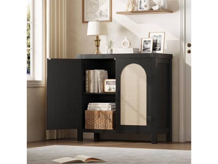 Rattan Sideboard Buffetschrank 80 cm, 2 Türen, Verstellbarer Einlegeboden Verstärkte MDF-Konstruktion, Anti-Kipp-Set inklusive, matte Metallgriffe, Stauraum für Flur, Küche und Esszimmer