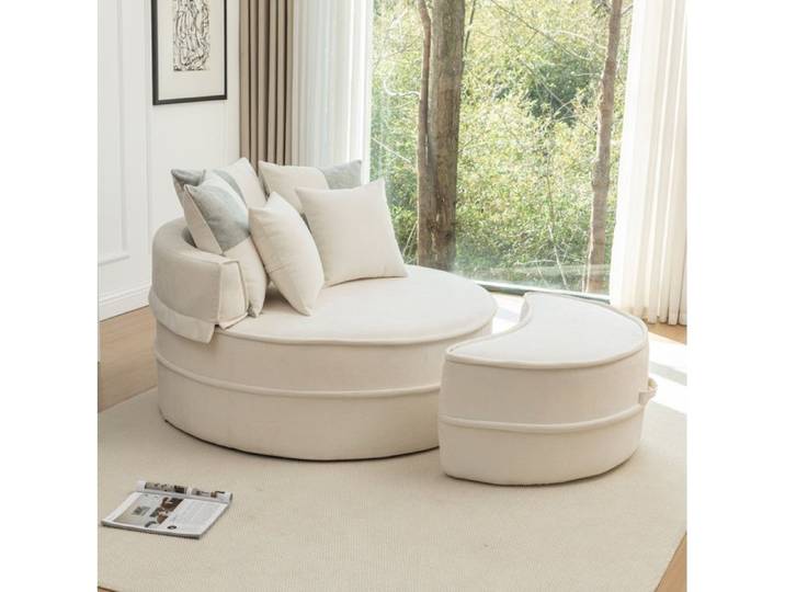 Fauteuil rond beige en chenille avec ottomane et 5 coussins sans montage intérieur