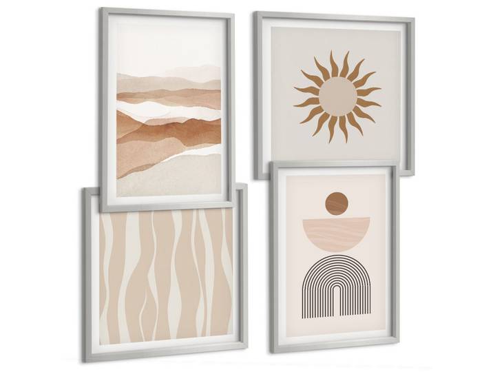 BILDER SET 4er Set - 50x50 cm & 40x60 cm Silberner Rahmen - Abstrakte Landschafts- und Naturgeometrie