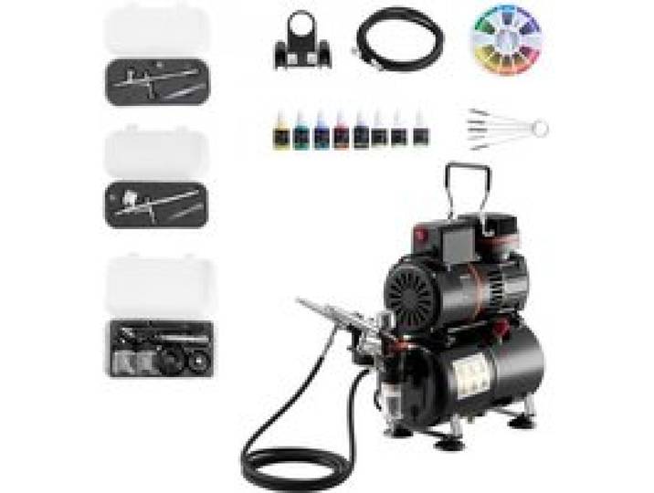 VEVOR Kit Aérographe avec Compresseur d’Air 1/6 HP et Réservoir, Compresseur Aérographe Professionnel à Double Action, avec 3 Pistolets, 3 Buses, Tuyau, Peinture Acrylique, 2 Ventilateurs, Onglerie