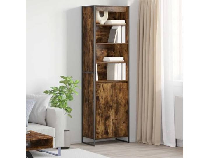 Eleganter hoher Schrank mit rechteckiger Form und Holzwerkstoff - Moderner hoher Schrank mit Holzwerkstoff und schlanker mit Stahlbeinen - Aufbewahrungsschrank industrielles