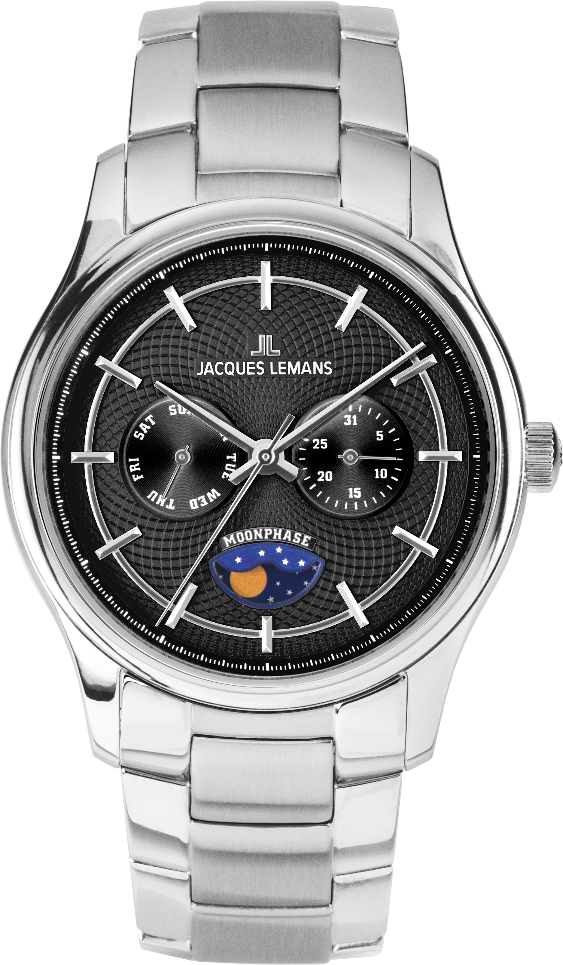 Quarzuhr JACQUES LEMANS "Derby", silber (silberfarben, schwarz, schwarz), Armbanduhren, Herren, silberfarben, Quarzuhr, Armbanduhr, Herrenuhr, Edelstahlarmband, analog, Wochentag, Mondphase