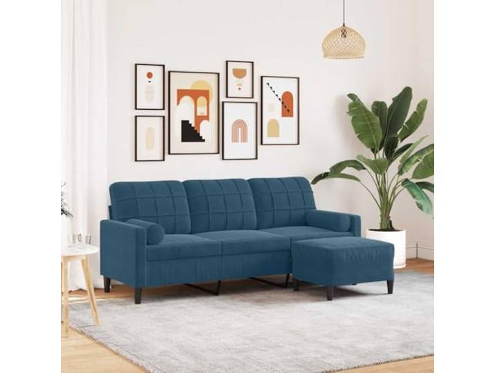 HEFZGDB 3-Sitzer-Sofa mit Hocker Blau 180 cm Samt Stoffbezug Metallgestell Polsterung Wohnzimmer Sitzgruppe Relaxmöbel