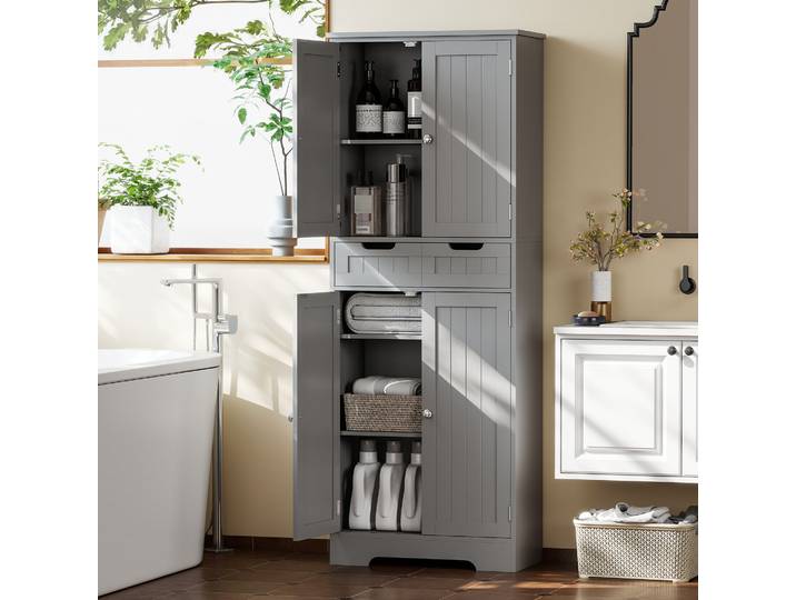 HOMCOM Meuble Salle de Bain Gris 160cm Tiroir Placard Étagère