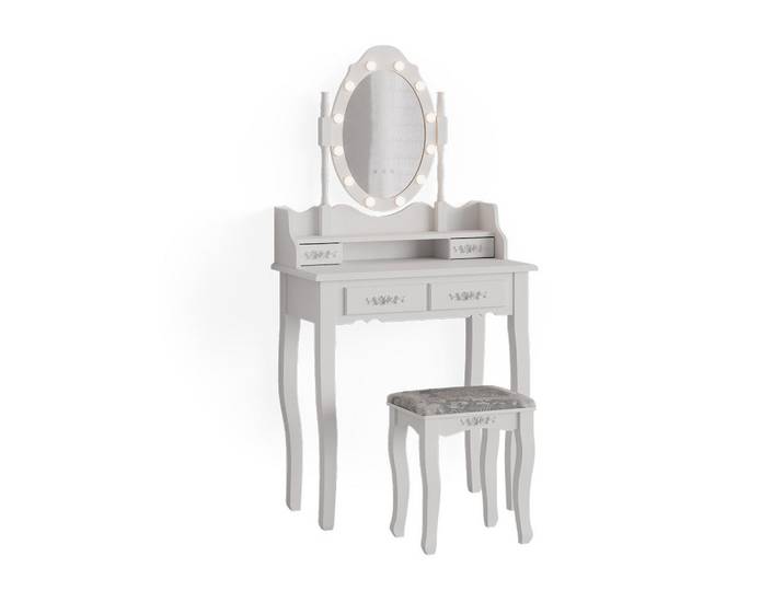 Vicco Schminktisch Maggie, Weiß, 75 cm mit LED-Spiegel und Hocker, Holzwerkstoff, 1 Fächer, 4 Schubladen, Rechteckig,Rechteckig, 75x146.5x40 cm, Schlafzimmer, Schminktische