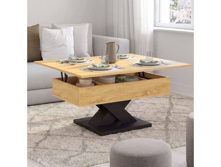 Table basse rectangulaire plateau relevable convertible en table à manger ALICIA 90 cm bois et pied noir