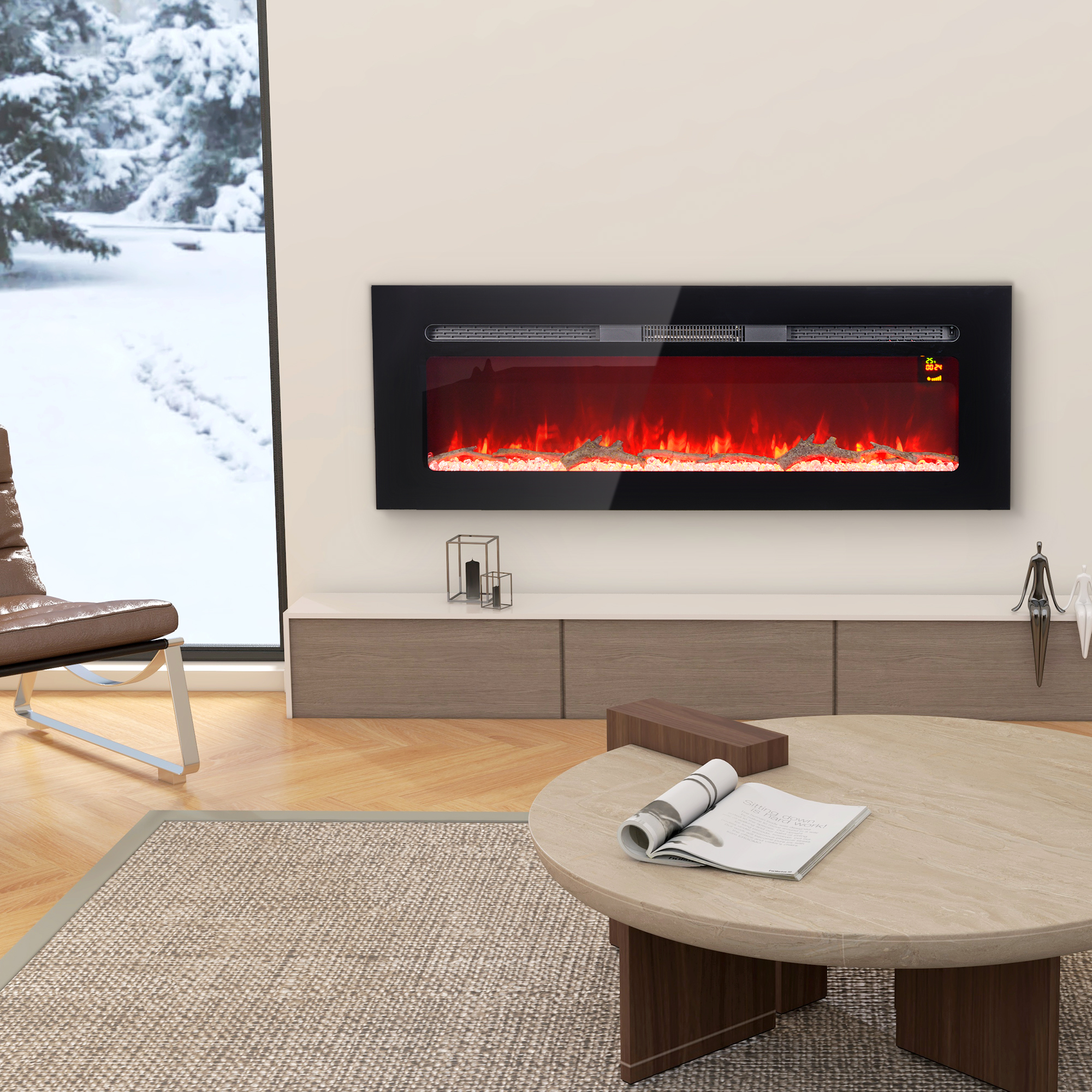 Homcom Camino Elettrico 1800W Regolabile con Telecomando, in Acciaio e Vetro Temperato, 127x15.8x45 cm, Nero