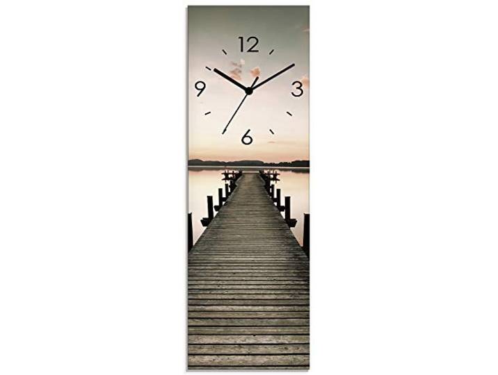 ARTLAND Wanddeko Wanduhr ohne Tickgeräusche Glas Funkuhr 20x60 cm Rechteckig Lautlos Landschaft See Natur Pier Sonnenaufgang Himmel S7MG