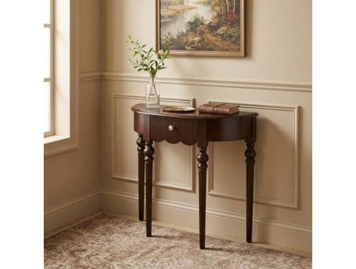 Massivholz Konsolentisch, schmaler Halbmond Flurtisch mit Schublade Massivholz Konstruktion, schmales Design, Flur & Wohnzimmer, einfache Montage(Brown,31.5in*11.0in*35.8in)