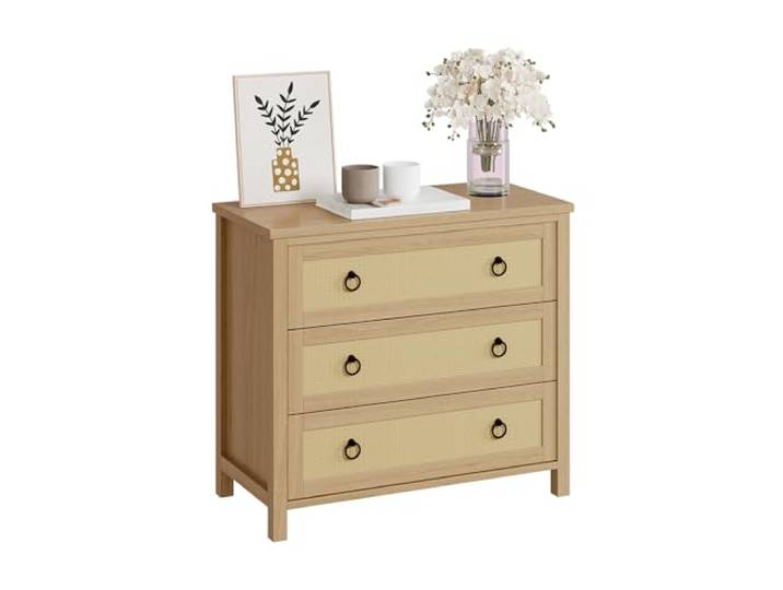 GarveeHome Rattan-Kommode Für Das Schlafzimmer, 74 cm Hohe Sideboards Mit 3 Rattan-Schubladen, Kleiderschrank, Nachttisch Holz Für Schlafzimmer, Wohnzimmer, Flur