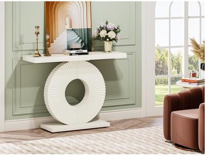 Jiallo "40"" Modern White Console Table with Sculptural Geometric Base, Slim Entryway and Sofa Table for Living Room"