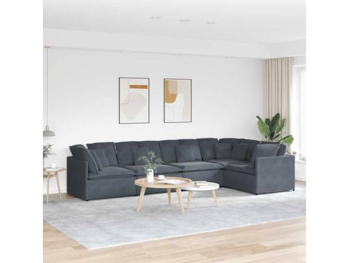 YUTAASU Modulares Sofa mit Kissen Samt Dunkelgrau 5-teilig, Metallrahmen, Holzarmlehnen, Textilene-Sitzflächen, Schaumstofffüllung