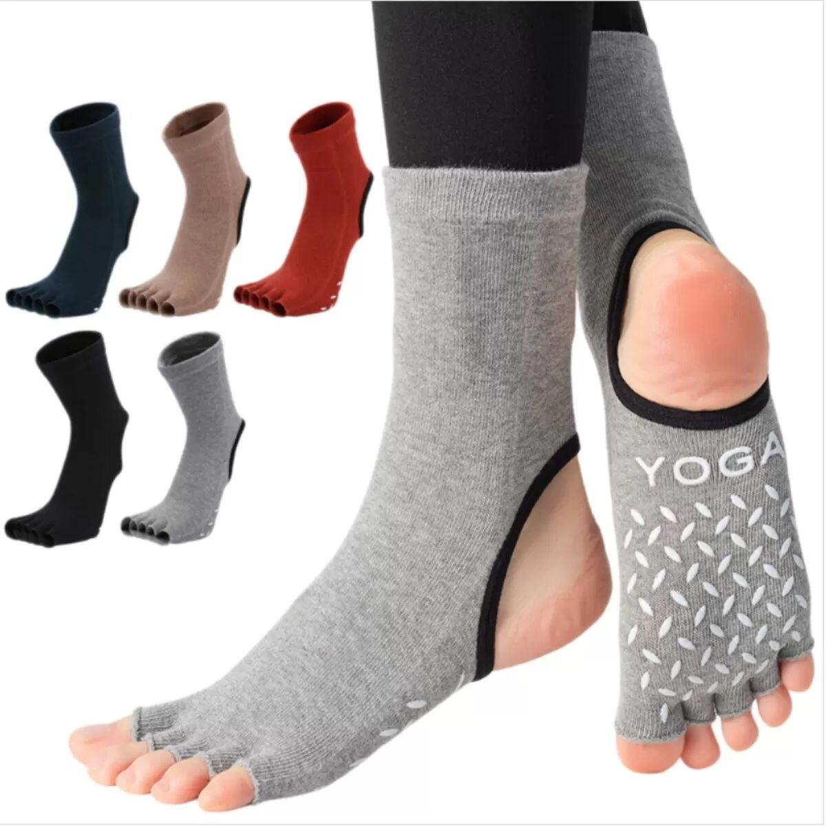 INF Damen wadenlange Fünf-Zehen rutschfeste Yogasocken, geteilte Zehen Pilates Fitness Socken, 1 Paar Beige