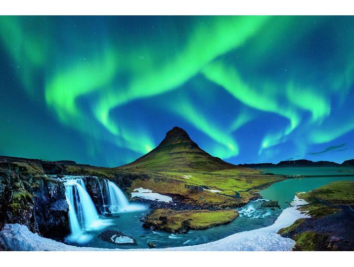 Fototapete PAPERMOON KIRKJUFELL-NORDLICHT ISLAND GEBIRGE WASSERFALL FLUSS , bunt, B:3,5m L:2,6m, Vlies, Tapeten, Fototapete