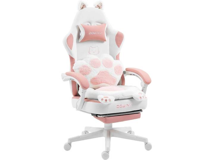 Gaming-Stuhl Ergonomischer & Fußstütze Bürostuhl & Lendenwirbelstütze, Rosa, Leder, 52x126x49 cm, Büromöbel, Bürostühle, Gaming-Sessel