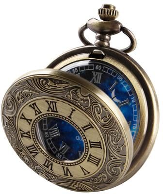 ModernMart Vintage Blue Dial Pocket Watch Necklace Quartz Antique Pendant Timepiece bronze