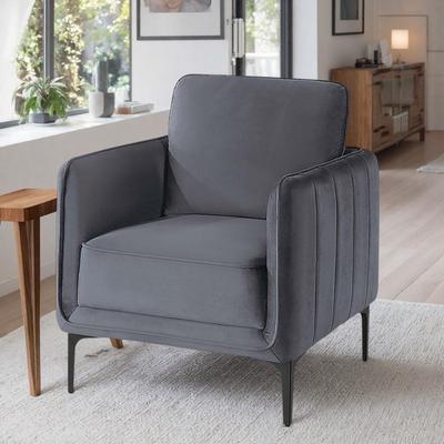 "30"" Velvet Accent Chair with Vertical Channel Tufting and L-Shaped Metal Legs and Removable Back Cushion"