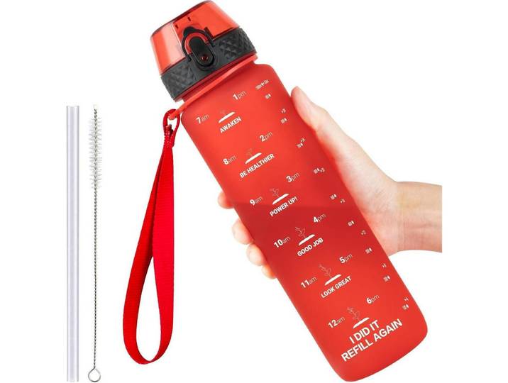 Trinkflasche 1000 ml Rot BPA-frei Tritan Auslaufsicher mit Trageriemen, Kunststoff, 8.4x8.4 cm, Geschirr, Kannen & Karaffen, Trinkflaschen