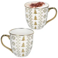 2er Set Jumbobecher 450 ml Porzellan Tanne Weiß Gold Tee-Tasse Kaffee Glühwein