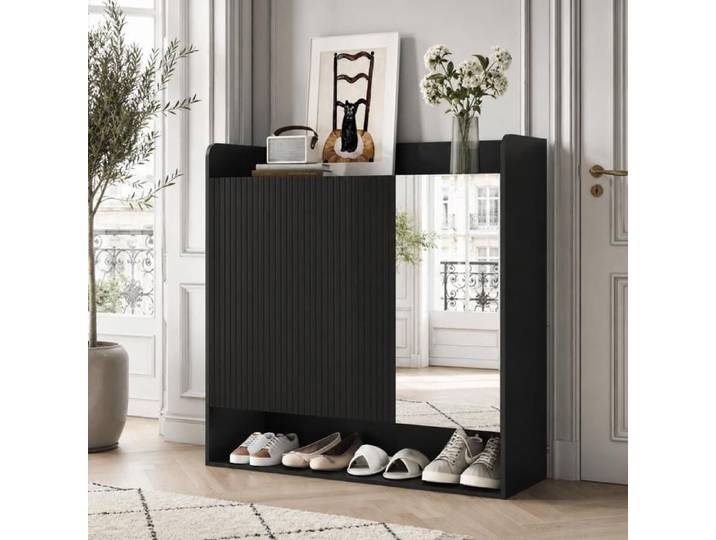 Meuble à Chaussures Entrée COZHYESS Miroir Plein Pied 3 Portes Étagères Réglables Grand Rangement 110x35 5x110 cm - Noir