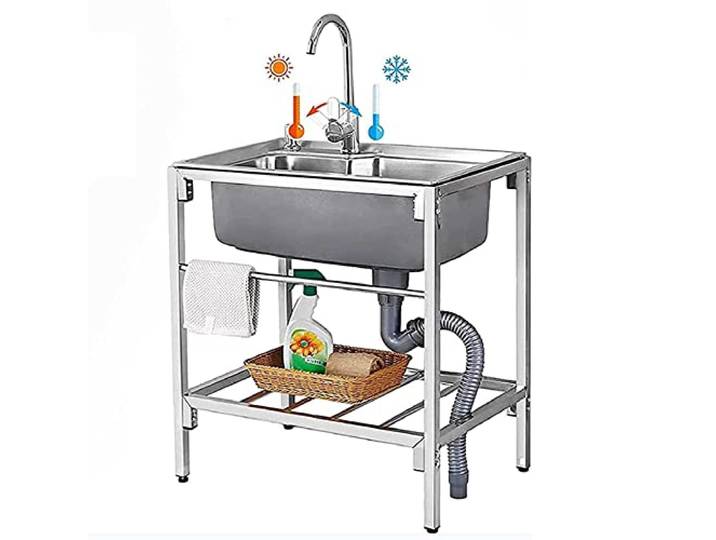 Edelstahl Single Bowl Waschbecken Spülbecken Gewerbliche Restaurant Küche Ausgussbecken mit Wasserhahn, Zubereitungs- und Versorgungswaschbecken für Camping Cafe Garage Keller, Innen im Freien ( Color