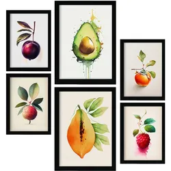 POSTER Set Mit 6 Erfrischende Früchte Plakate Von Obst Gemüse & Gesunden Lebensmitteln Im Aquarell Kunst Auf Reinweißen A3 & A4 Schwarzer Rahmen