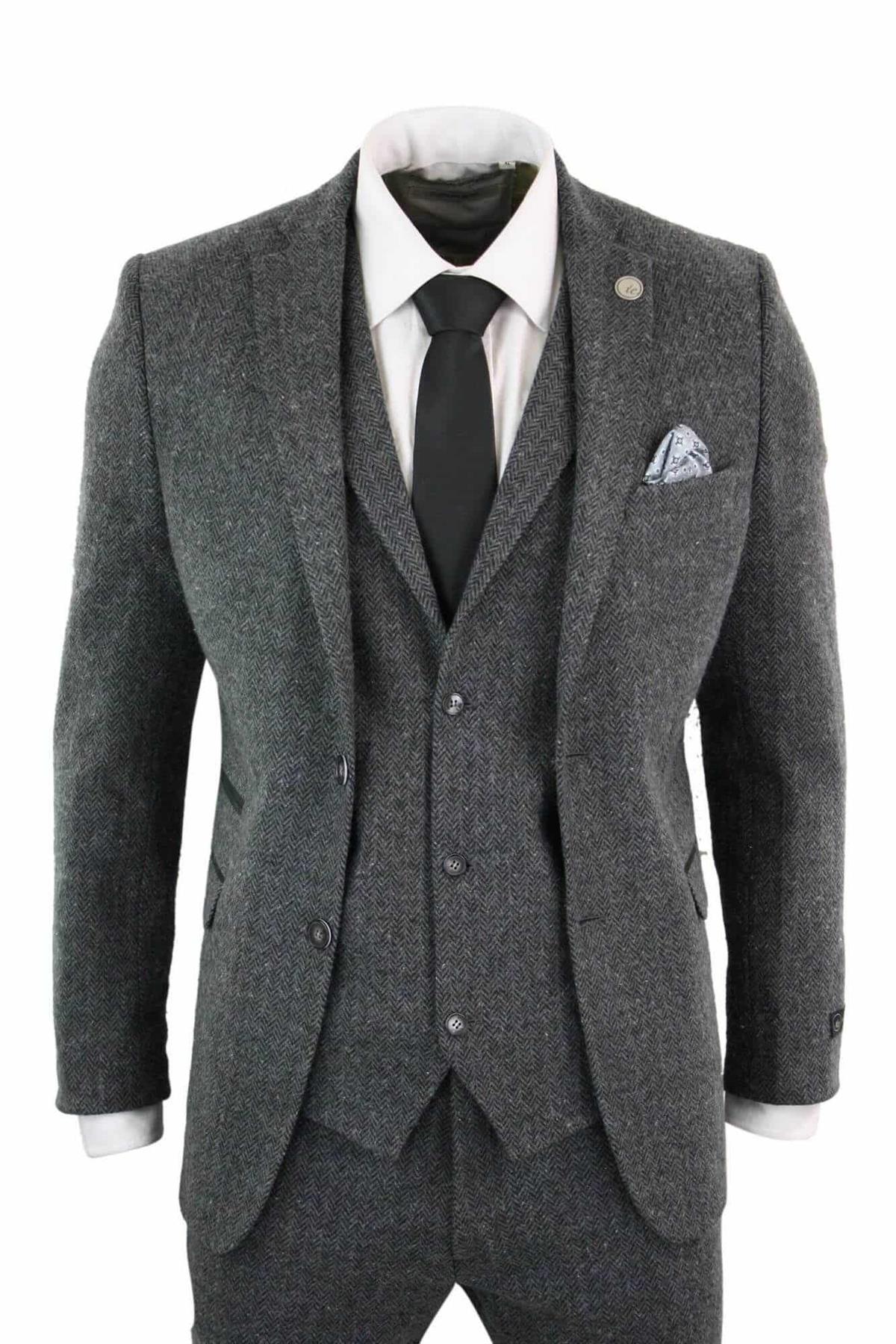 Heren 3-delige Antracietgrijze Haringbone-Tweed Streeppak