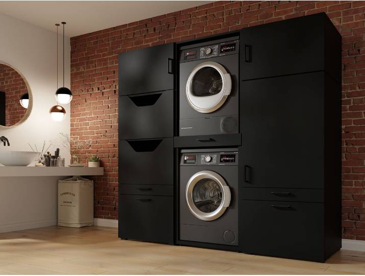 Meuble WASHING 2 machines superposés noir avec 2 surmeubles
