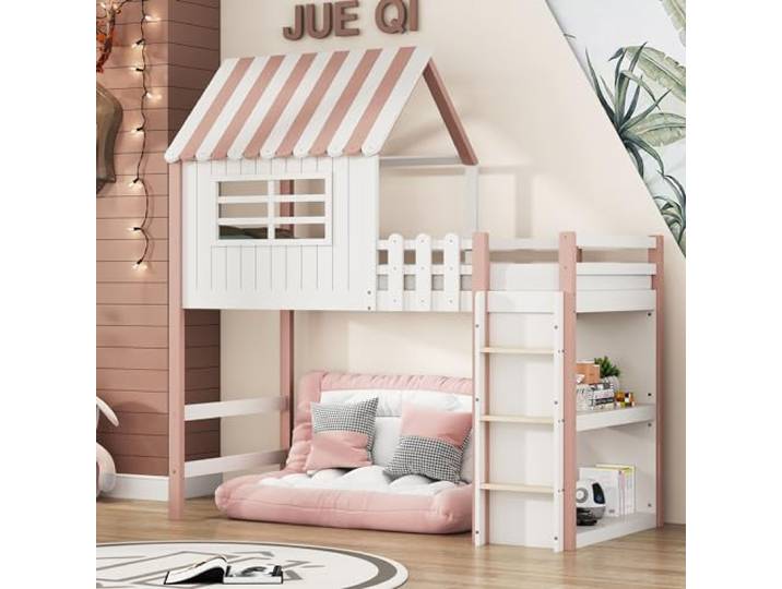YESGIGA Kinderbett 90x200 cm hoch und niedrig Bett für Jungen und Mädchen Heimbett Dachform mit Sicherheitsleiter mit Ablagefach Multifunktionsbett Massivholzbett mit Lattenrost (Pink)