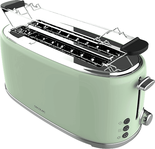 Tostadora - Cecotec Toast&Taste; 1600 Retro Double Green, Para 4 tostadas, Ranura ancha, 1630 W, Calienta panecillos, Diseño retro, Verde
