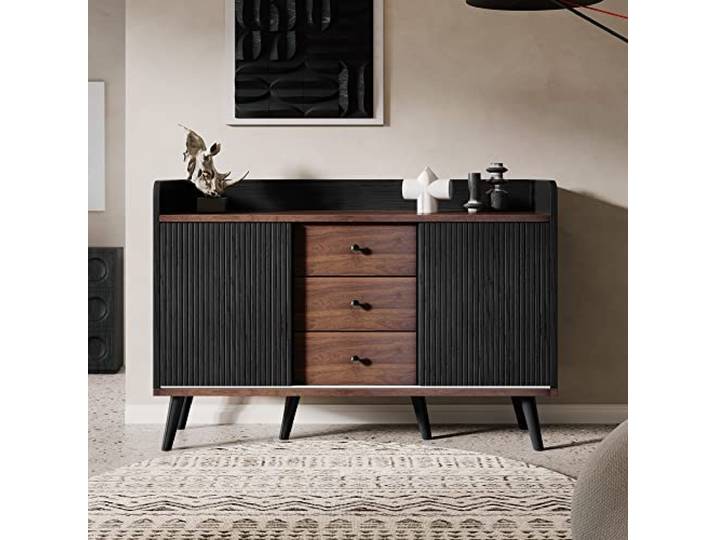 BTM Sideboard, 2 Gestreifte Schiebetüren & 3 Schubladen & Verstellbaren Regalen & Erhöhter Rand & 6 Massivholzbeine, Kommode Schrank Wohnzimmer Schlafzimmer Esszimmer Flur, 120 x40x80cm, Holz