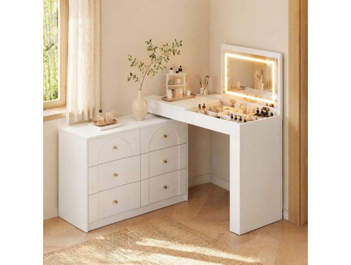Coiffeuse pivotante 105x40x80 cm avec miroir LED rabattable 7 tiroirs blanc - FIMRUT